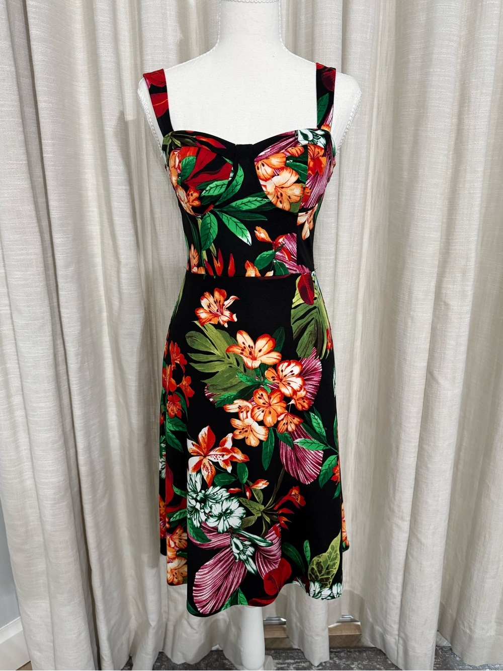 Nordstrom Black Floral Fit-and-Flare Midi Dress